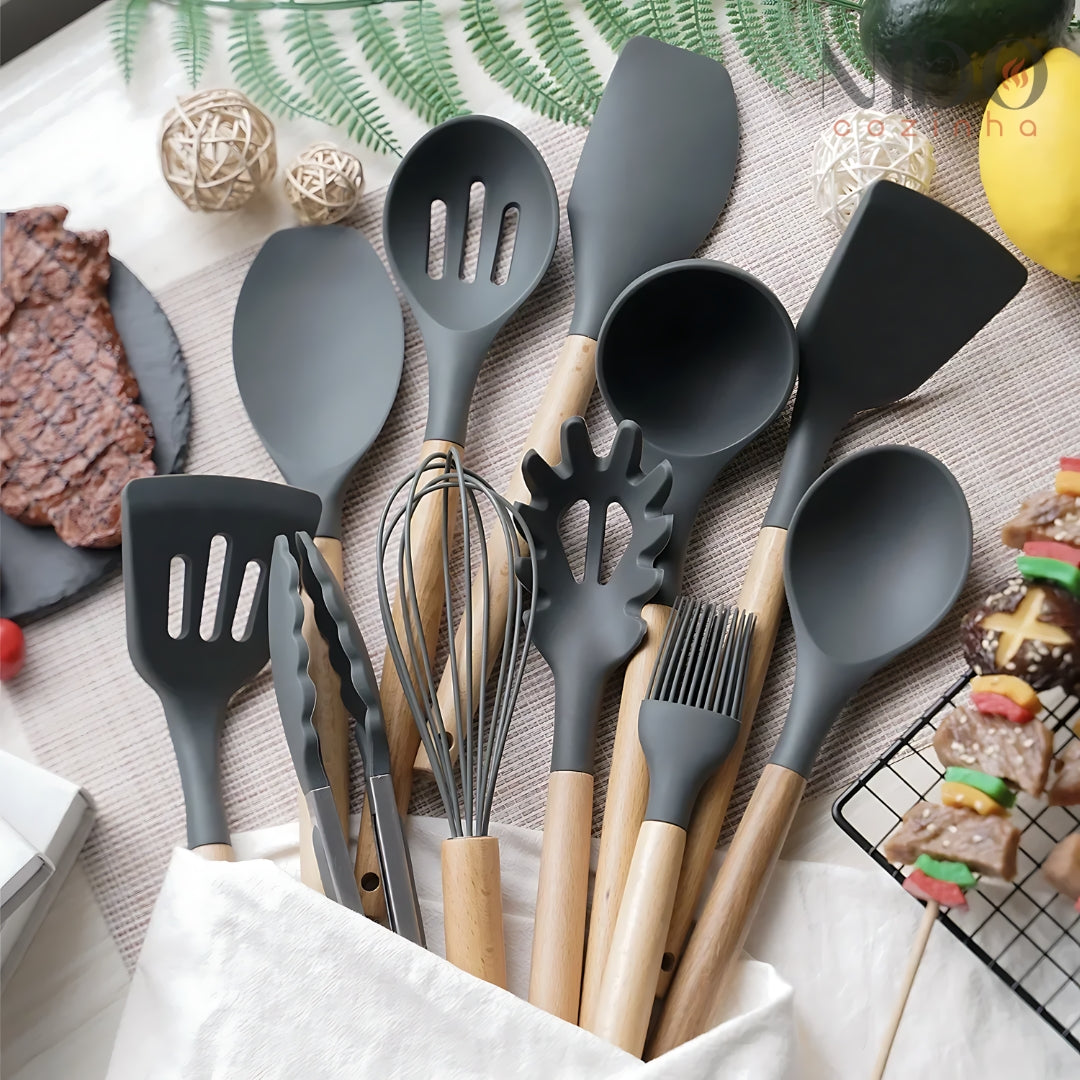 Conjunto de Utensílios de Cozinha Com Alça de Madeira