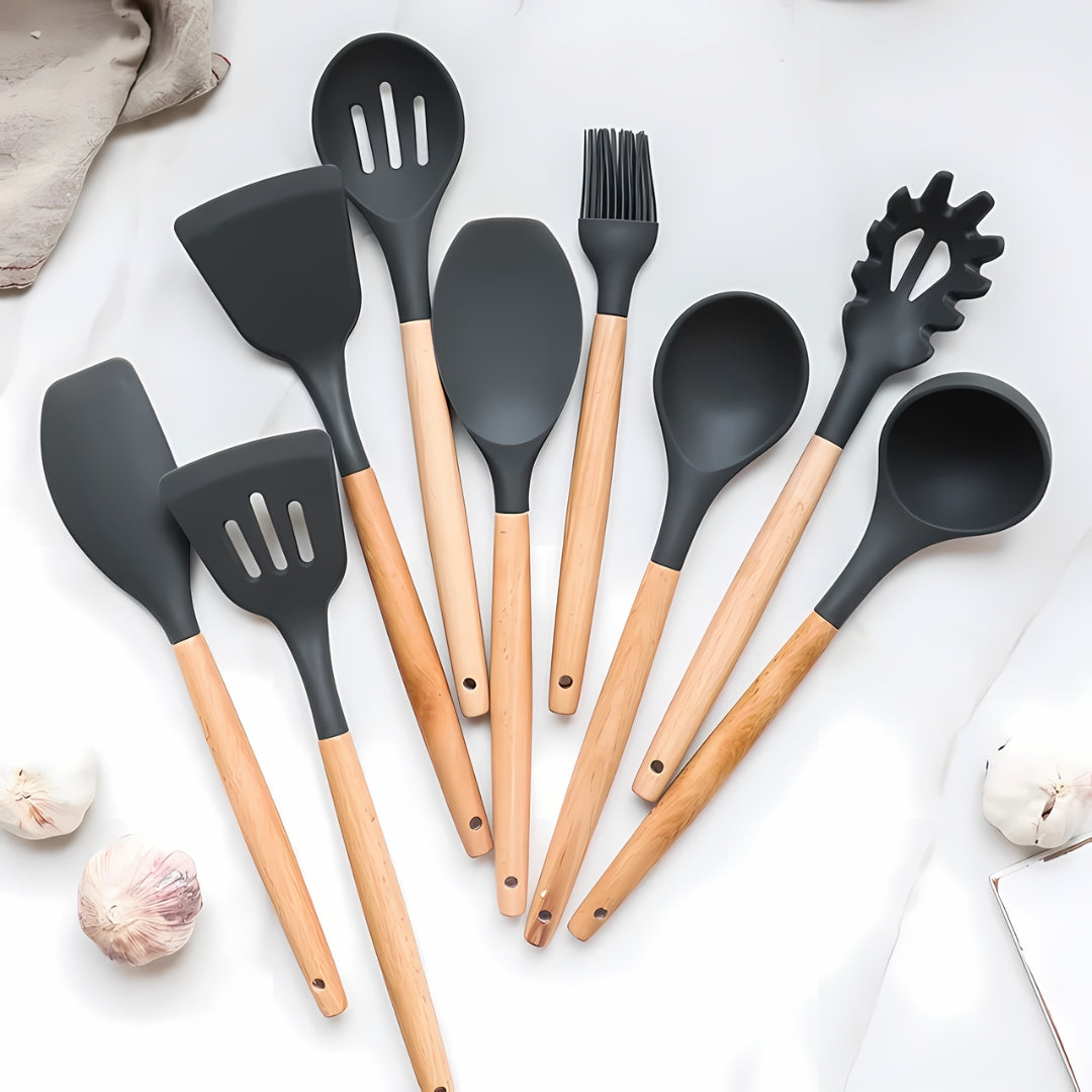 Conjunto de Utensílios de Cozinha Com Alça de Madeira