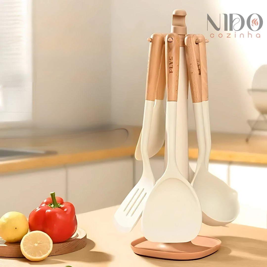 Conjunto de Utensílios de Silicone com Suporte