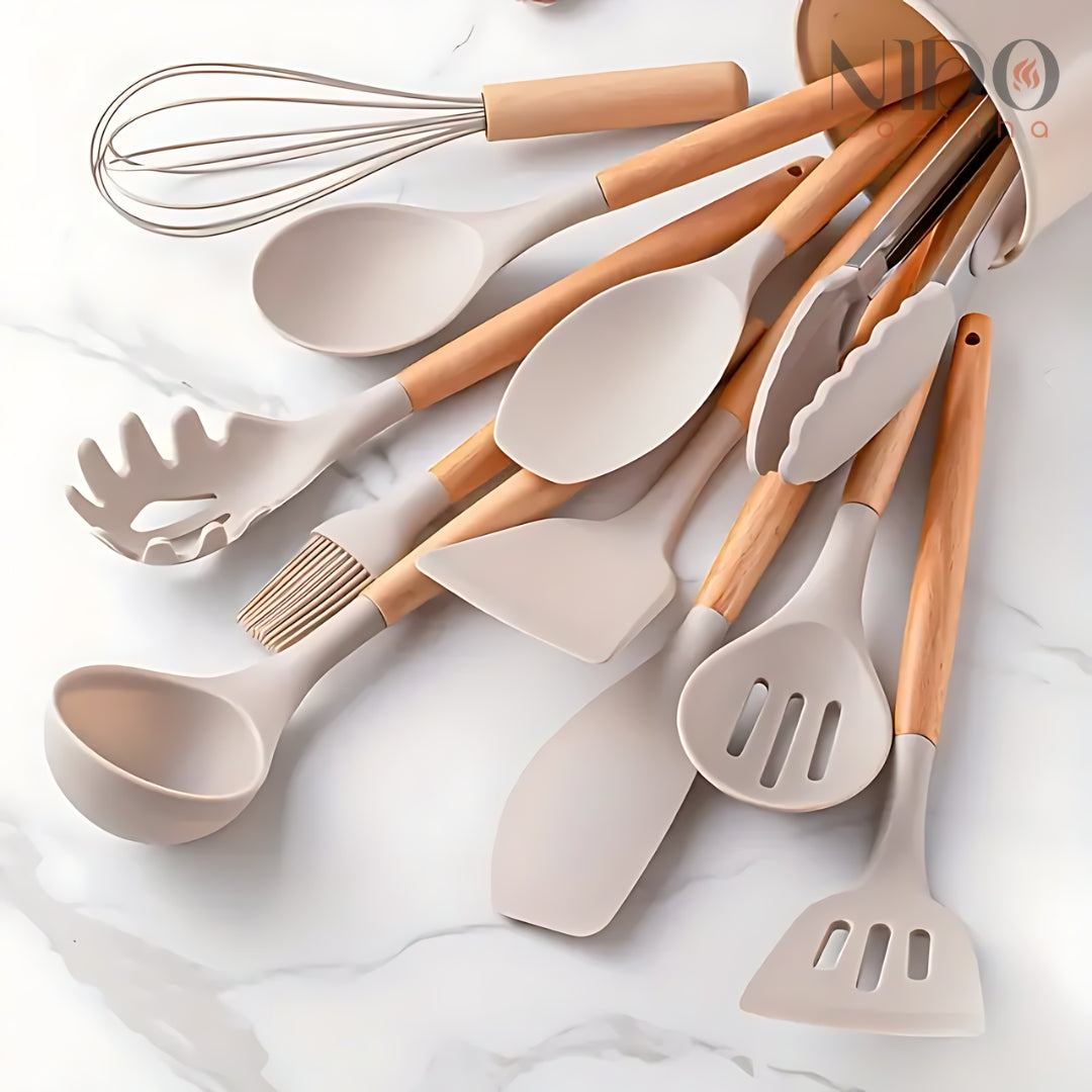 Conjunto de Utensílios de Cozinha Com Alça de Madeira