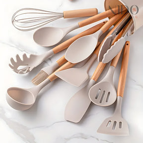 Conjunto de Utensílios de Cozinha Com Alça de Madeira