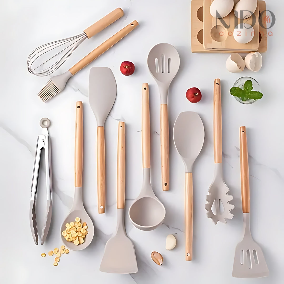 Conjunto de Utensílios de Cozinha Com Alça de Madeira